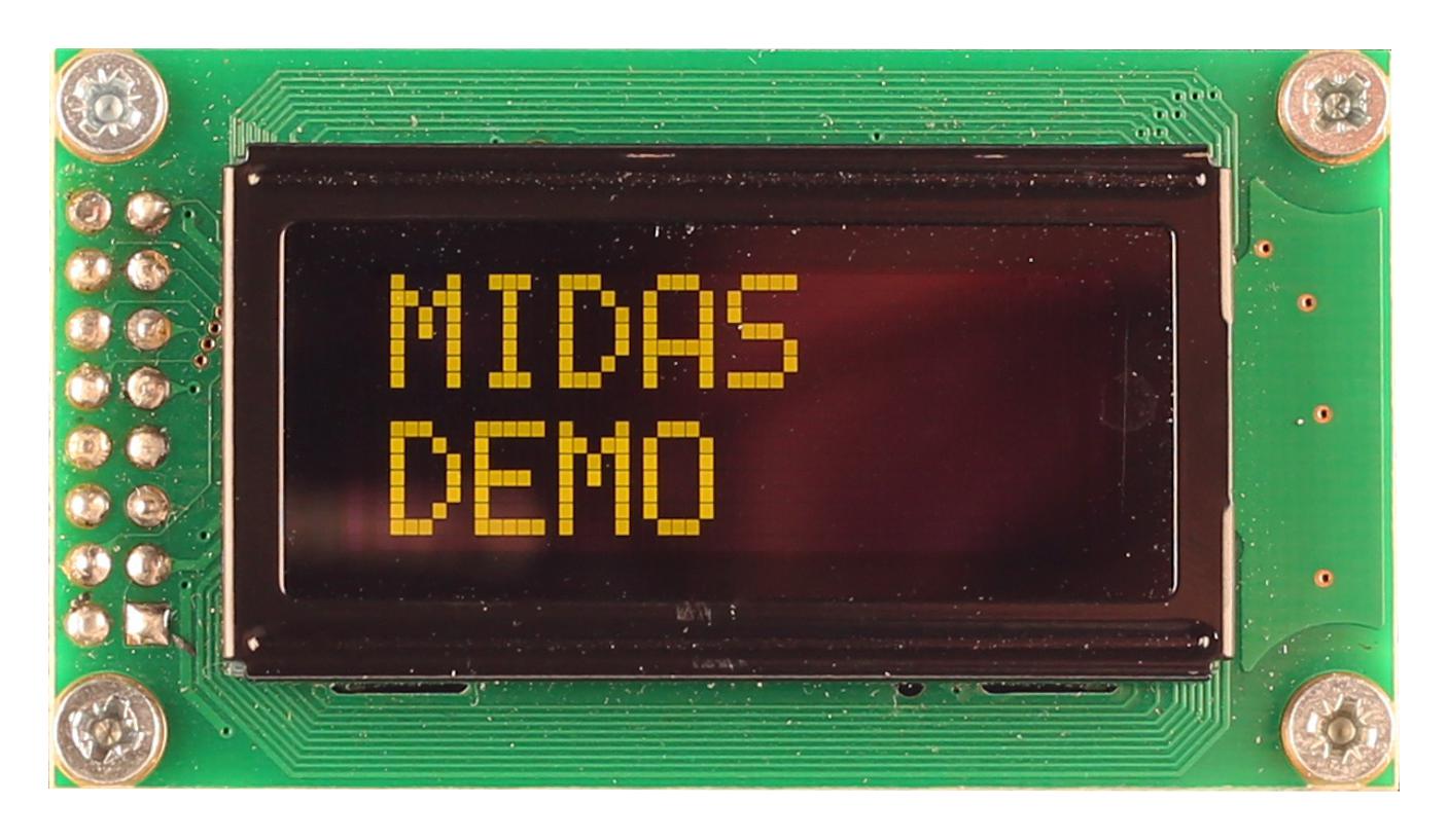 MCOB20805AV-EYP OLED, 2X8, YELLOW/GREEN ON BLACK MIDAS