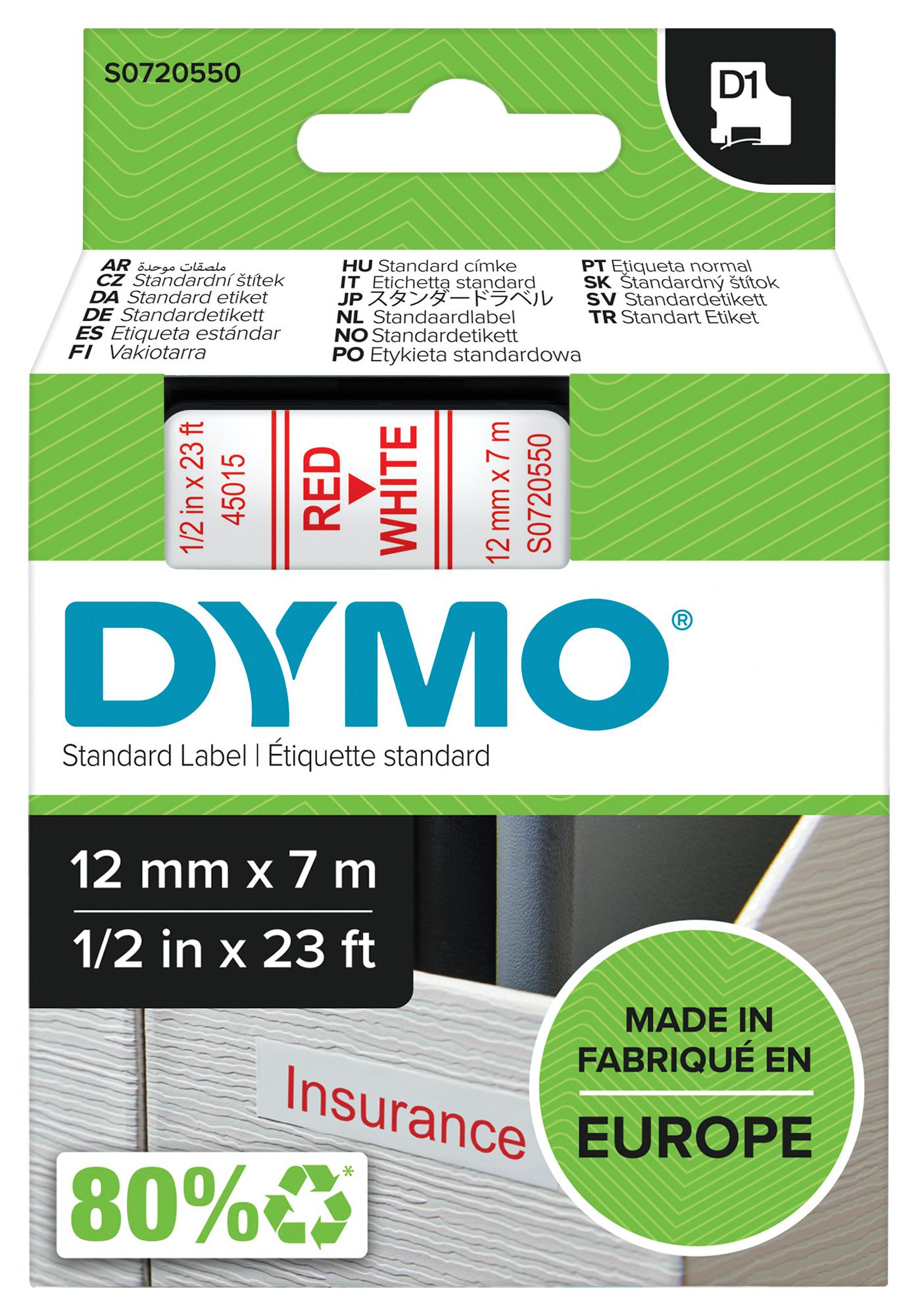 45015 TAPE, RED/WHITE, 12MM DYMO