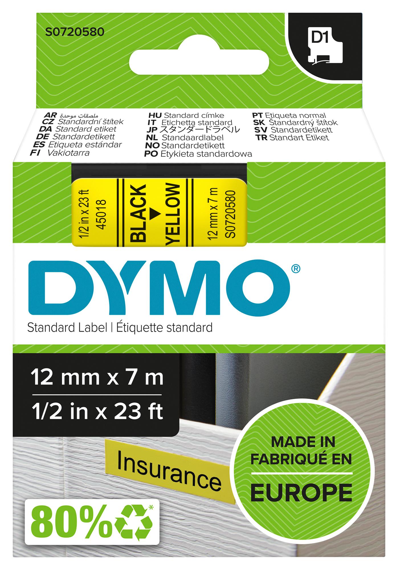 45018 TAPE, BLACK/YELLOW, 12MM DYMO
