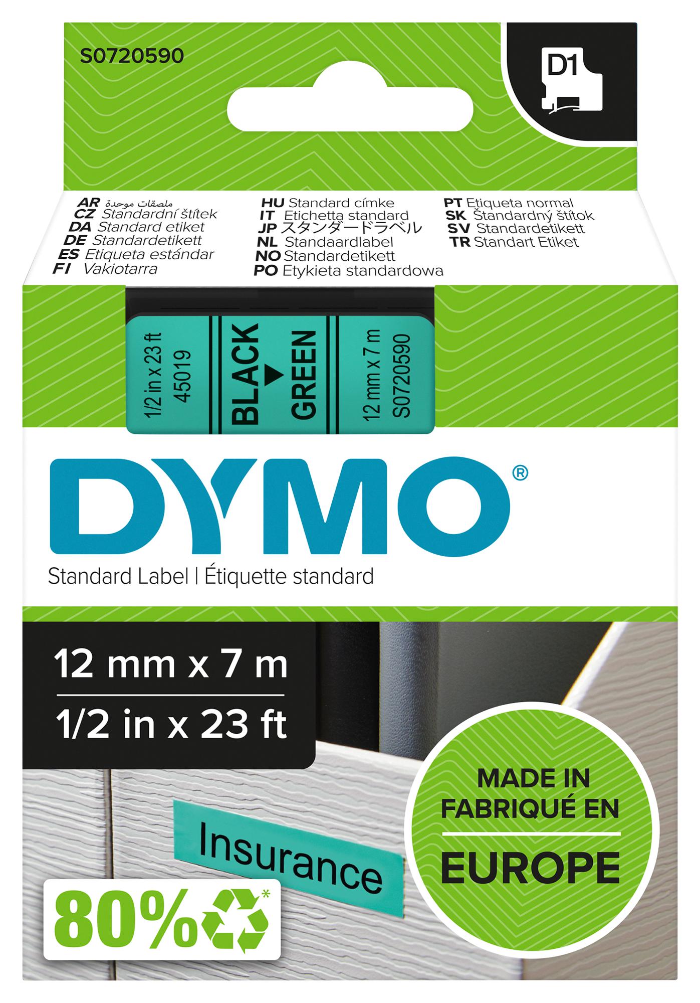 45019 TAPE, BLACK/GREEN, 12MM DYMO