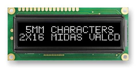 MC21605G12W-VNMLWS LCD, ALPHA-NUM, 16 X 2, WHITE MIDAS