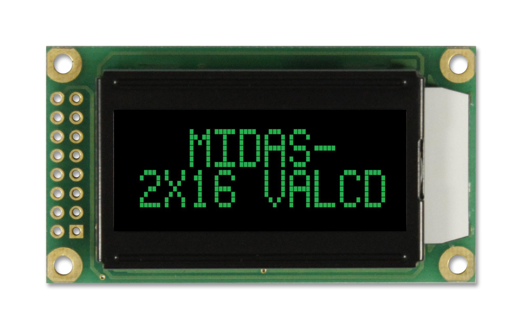 MC20805A12W-VNMLG LCD, ALPHA-NUM, 8 X 2, GREEN MIDAS