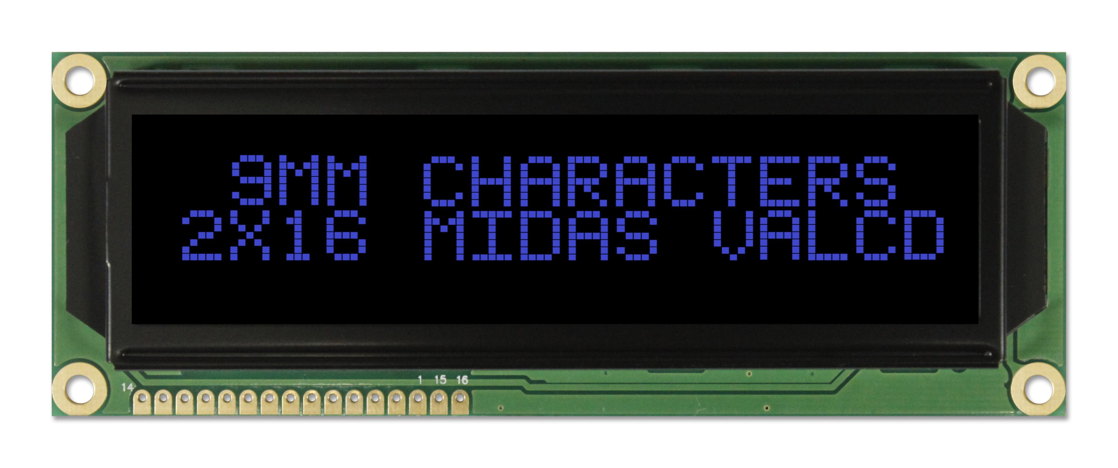 MC21609A12W-VNMLB LCD, ALPHA-NUM, 16 X 2, BLUE MIDAS