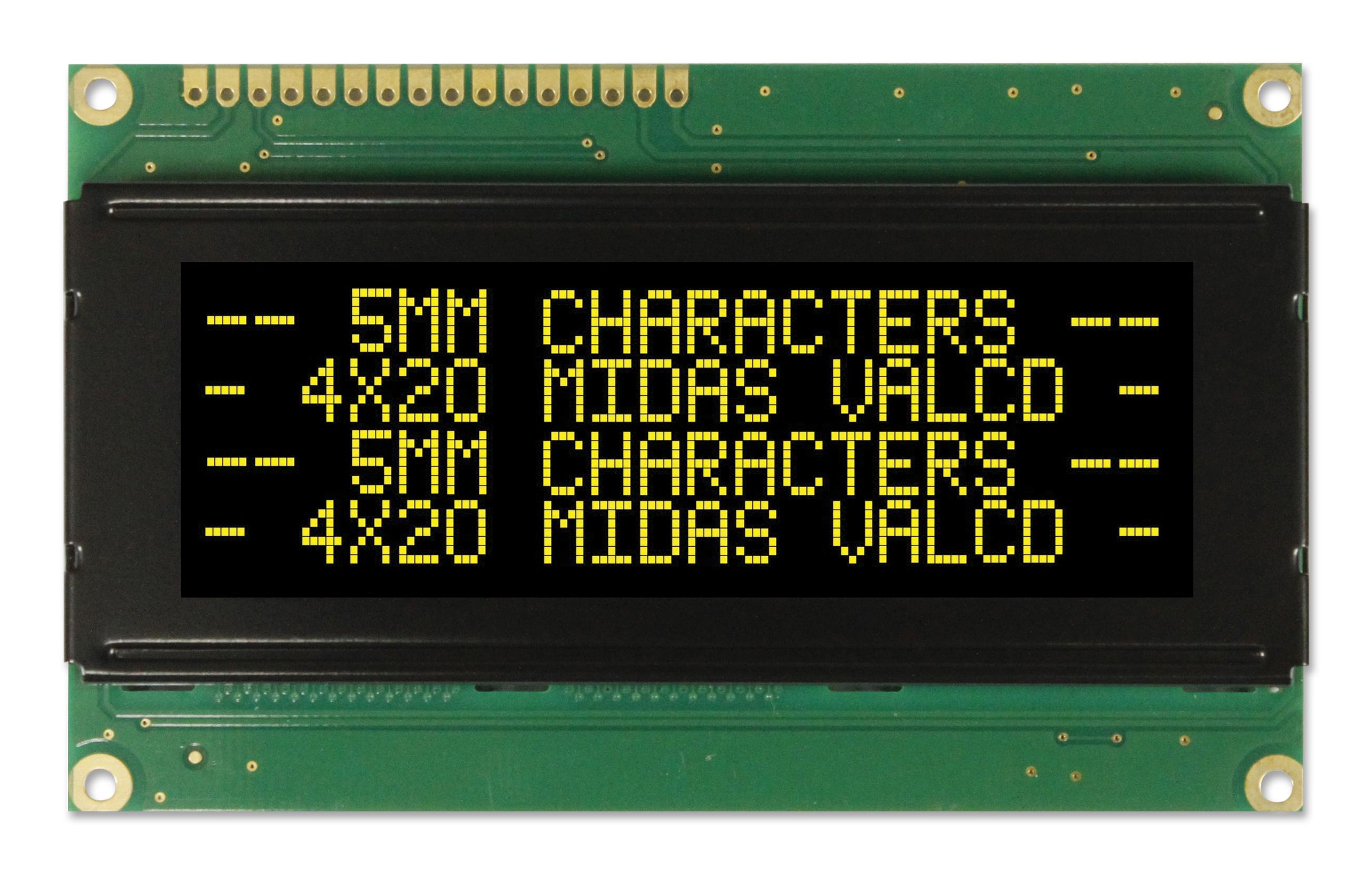 MC42005A12W-VNMLY LCD, ALPHA-NUM, 20 X 4, YELLOW-GREEN MIDAS