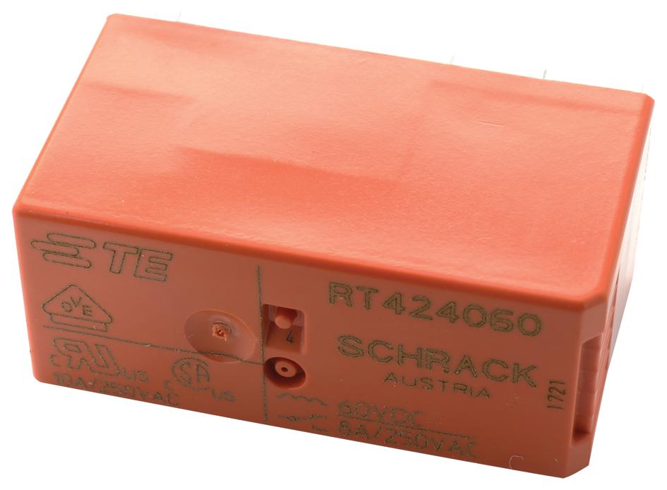 RT424060 POWER RELAY, DPDT, 8A, 250VAC, TH SCHRACK - TE CONNECTIVITY