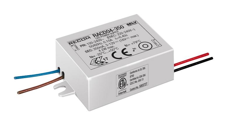 RACD04-350 LED DRIVER, SINGLE O/P, CC MODE, 4W RECOM POWER