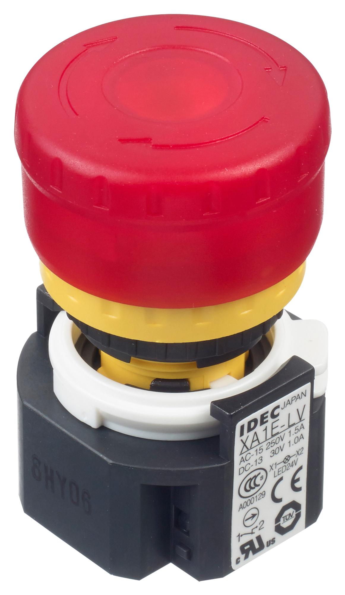 XA1E-LV313Q4R E-STOP PB SW, 3PST-NC, SPST-NO, 3A, 250V IDEC