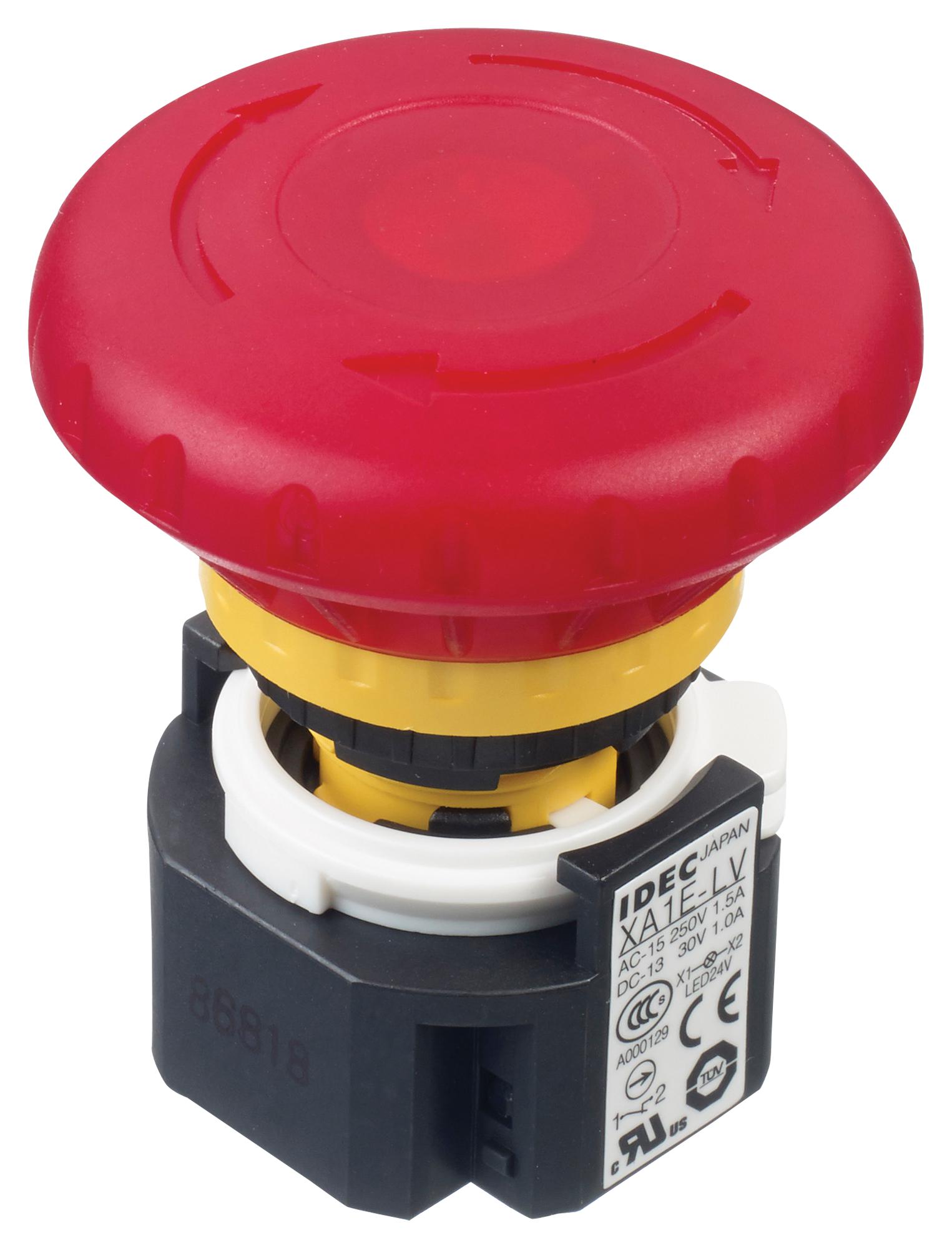 XA1E-LV413Q4R E-STOP PB SW, 3PST-NC, SPST-NO, 3A, 250V IDEC