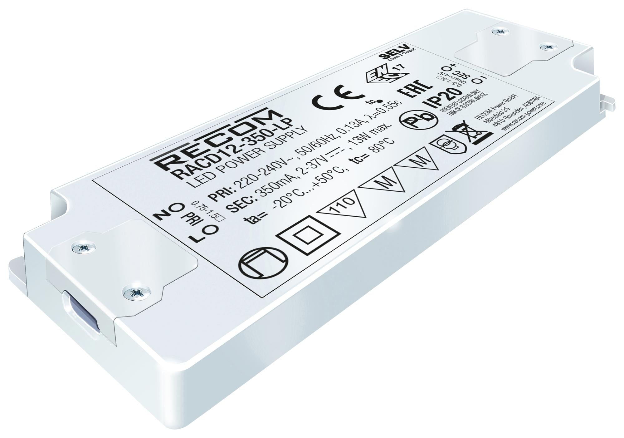 RACD12-350-LP LED DRIVER, SINGLE O/P, CC MODE, 13W RECOM POWER