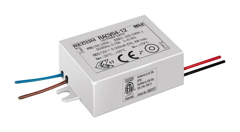 RACV04-12 LED DRIVER, SINGLE O/P, CV MODE, 4W RECOM POWER