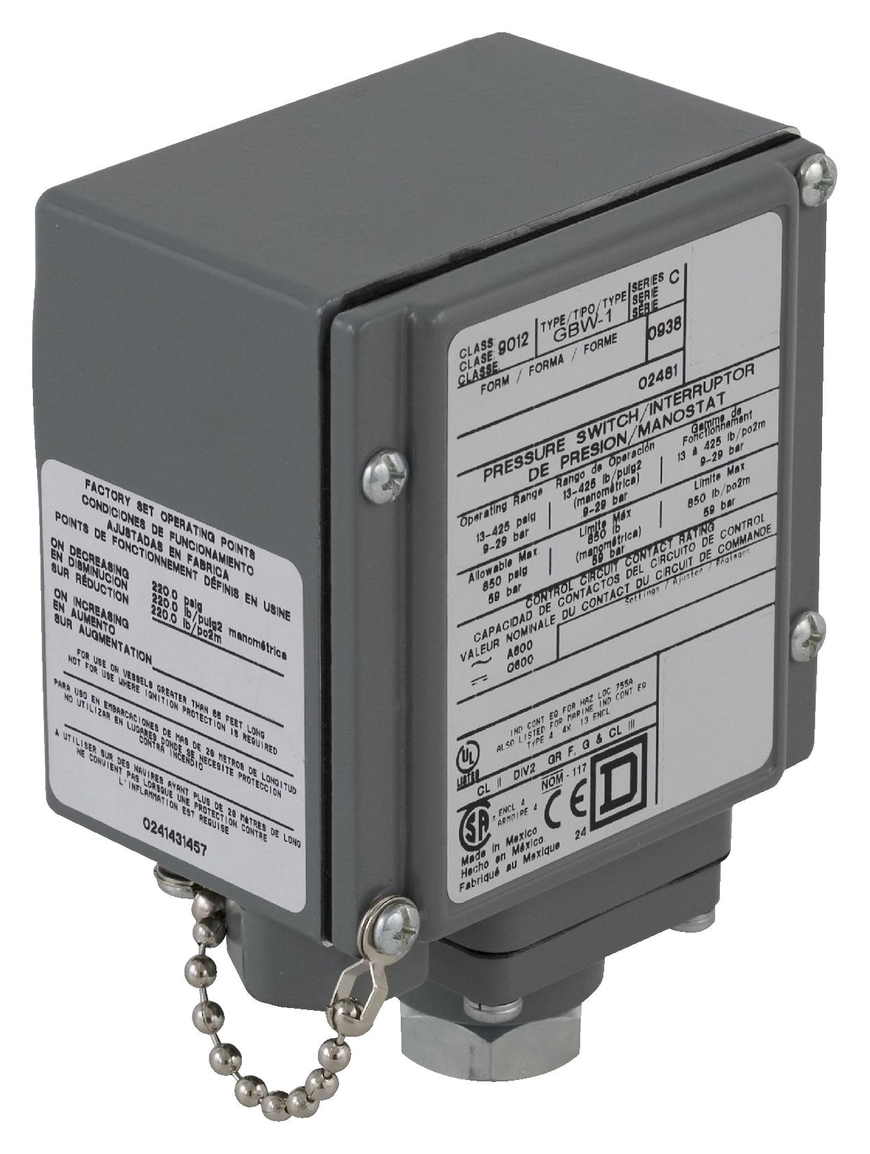 9012GBWM1 PRESSURE SWITCH, SPDT-DB, 850PSI, PANEL SCHNEIDER ELECTRIC