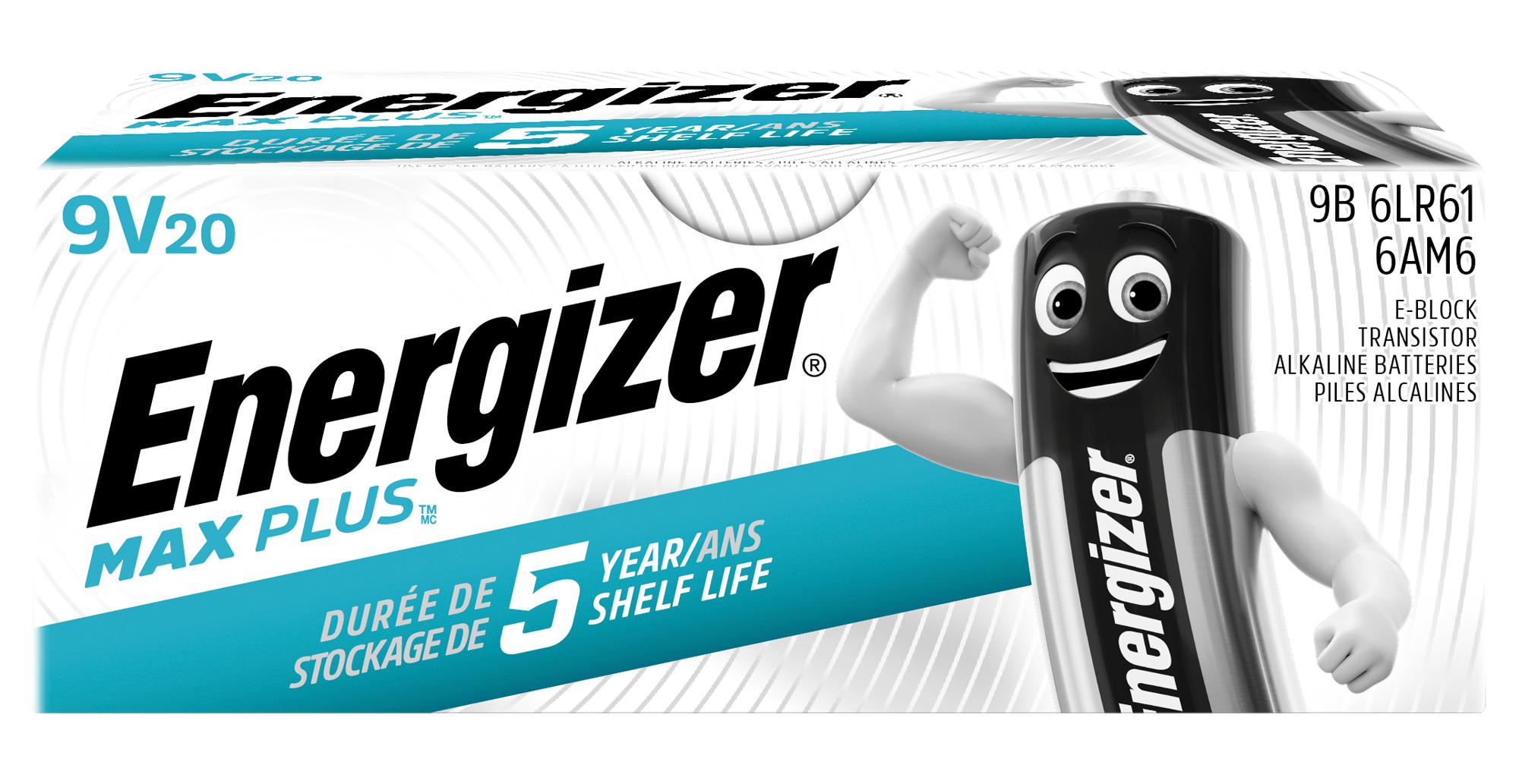 E301323202 BATTERY, ALKALINE, 9V, PP3, PK20 ENERGIZER