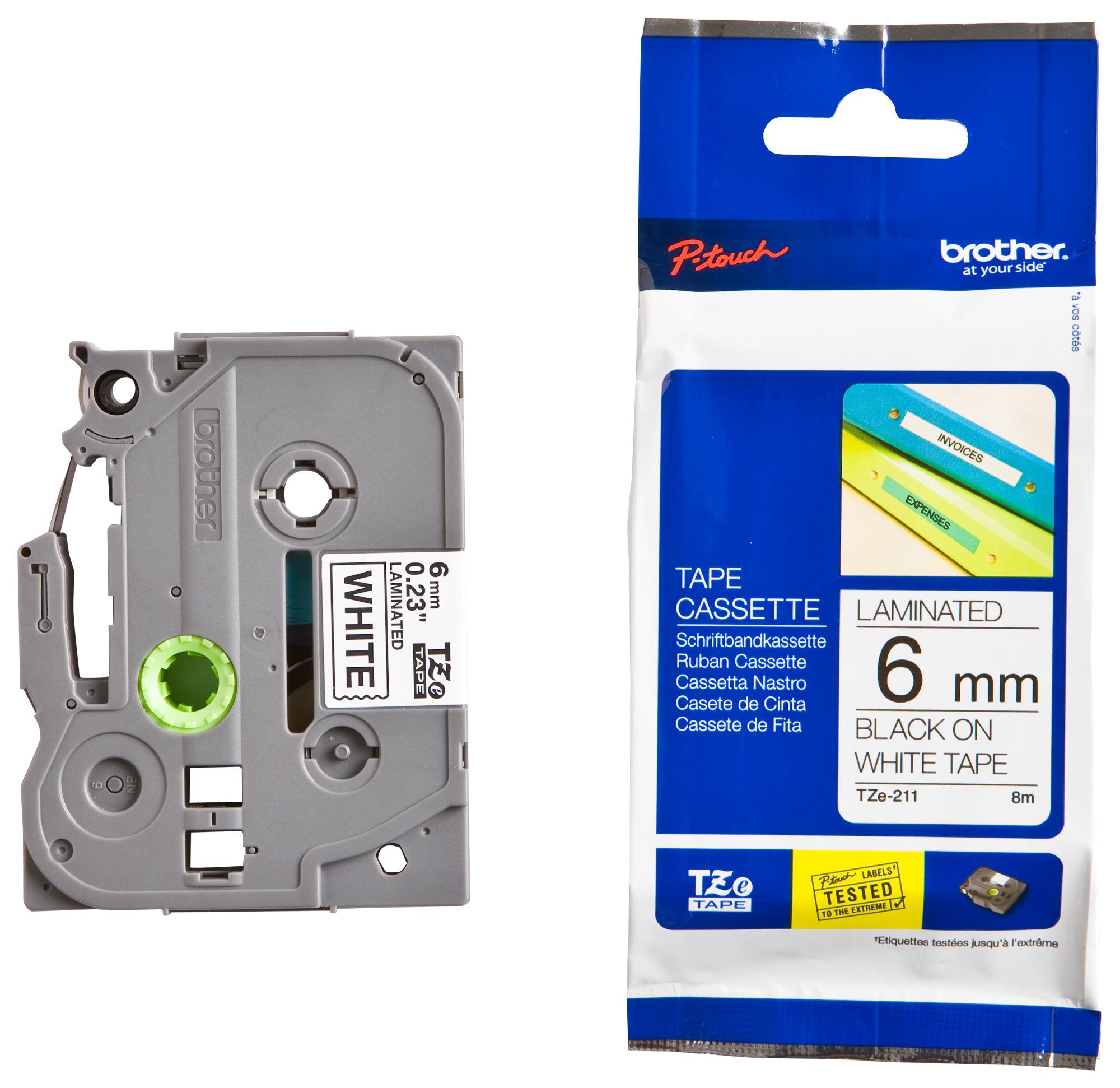 TZE-211 TAPE, BLACK ON WHITE, 6MM W, 8M L BROTHER