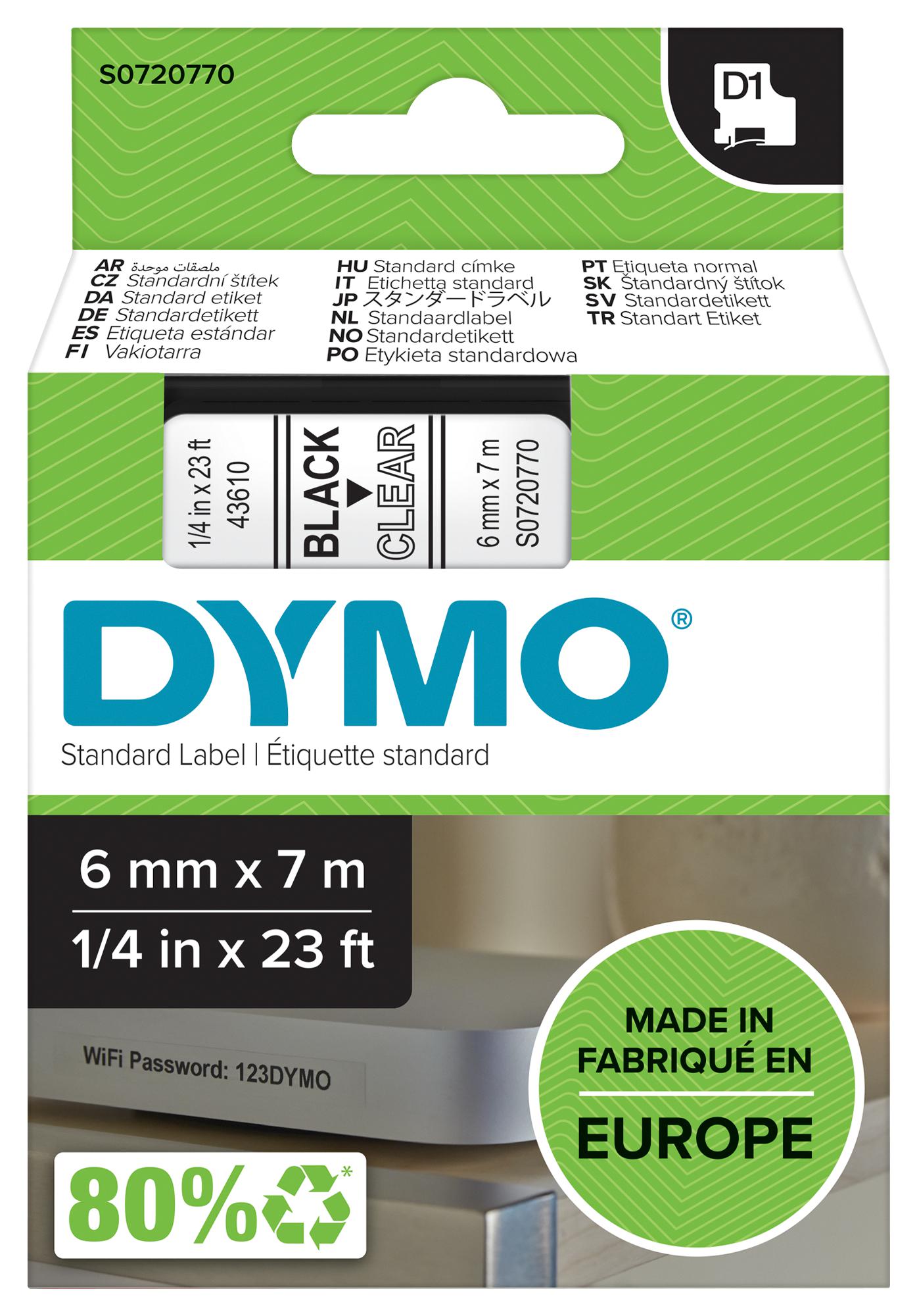 43610 TAPE, BLACK/CLEAR, 6MM DYMO
