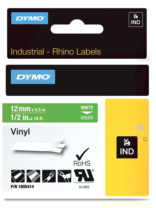 1805414 TAPE VINYL WHITE ON GREEN 12MM DYMO