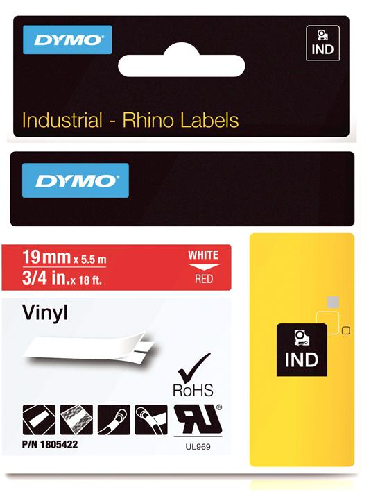 1805422 TAPE VINYL WHITE ON RED 19MM DYMO
