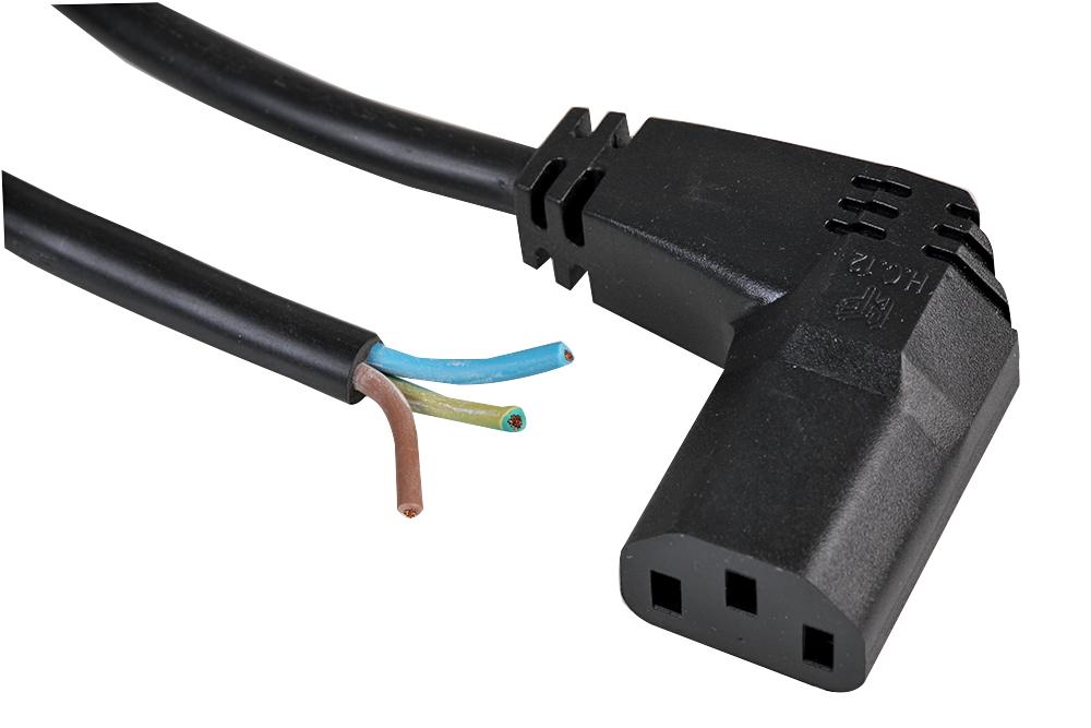 PE01040 LEAD R.ANGLE IEC SKT C13-BARE END 2M BLK PRO ELEC