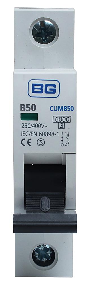 CUMB50-01 50A TYPE B MCB, SINGLE POLE, 6KA BG ELECTRICAL