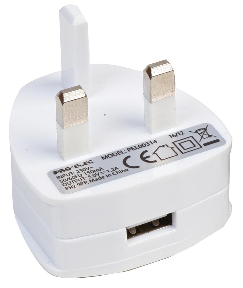 PEL00314 USB CHARGER, 5V 1.2A WHITE PRO ELEC
