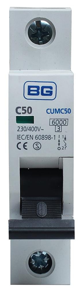 BG ELECTRICAL Thermal Magnetic CUMC50-01 50A TYPE C MCB, SINGLE POLE, 6KA BG ELECTRICAL 3458887 CUMC50-01