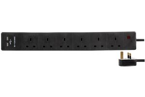 PEL00125 Extension 6 Gang With 2 USB, Black 2m Pro Elec