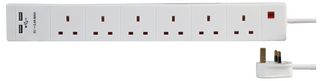 PEL00120 Extension 6 Gang 2 USB, White 1m Pro Elec