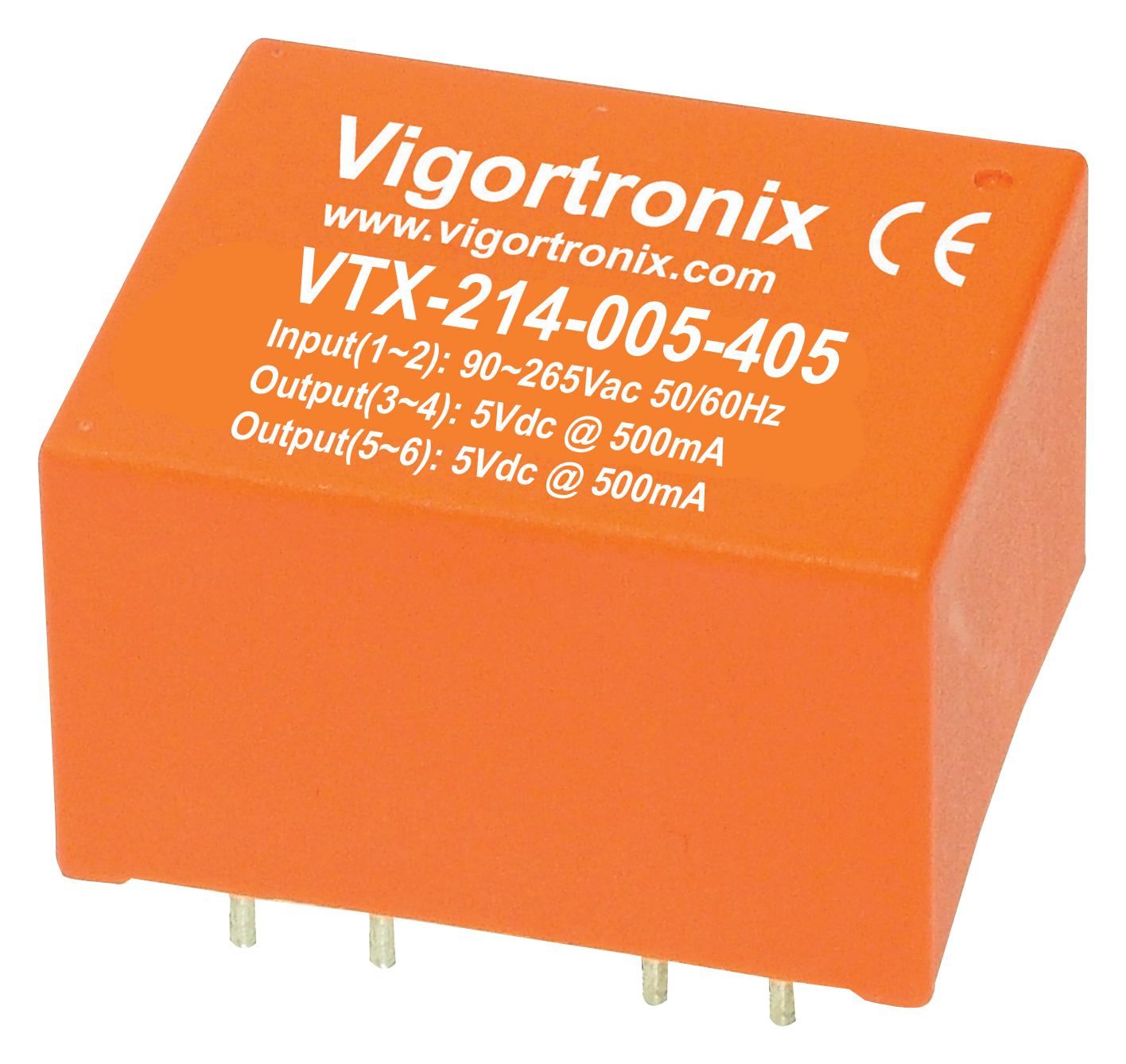 VIGORTRONIX PCB Mount - Single Ouput VTX-214-005-0503 POWER SUPPLY, AC-DC, 5V, 0.5A VIGORTRONIX 2627175 VTX-214-005-0503