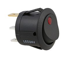 MP-RR039 - Rocker Switch, Round, On-Off, SPST, LED Illuminated, Panel, Snap-In, Red Dot, 12VDC to 24VDC - MULTICOMP PRO