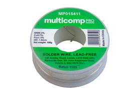 MP015411 - Solder Wire, Lead Free, 1 mm Diameter, 232°C, 99.3, 0.7 Sn, Cu, 100 G - MULTICOMP PRO