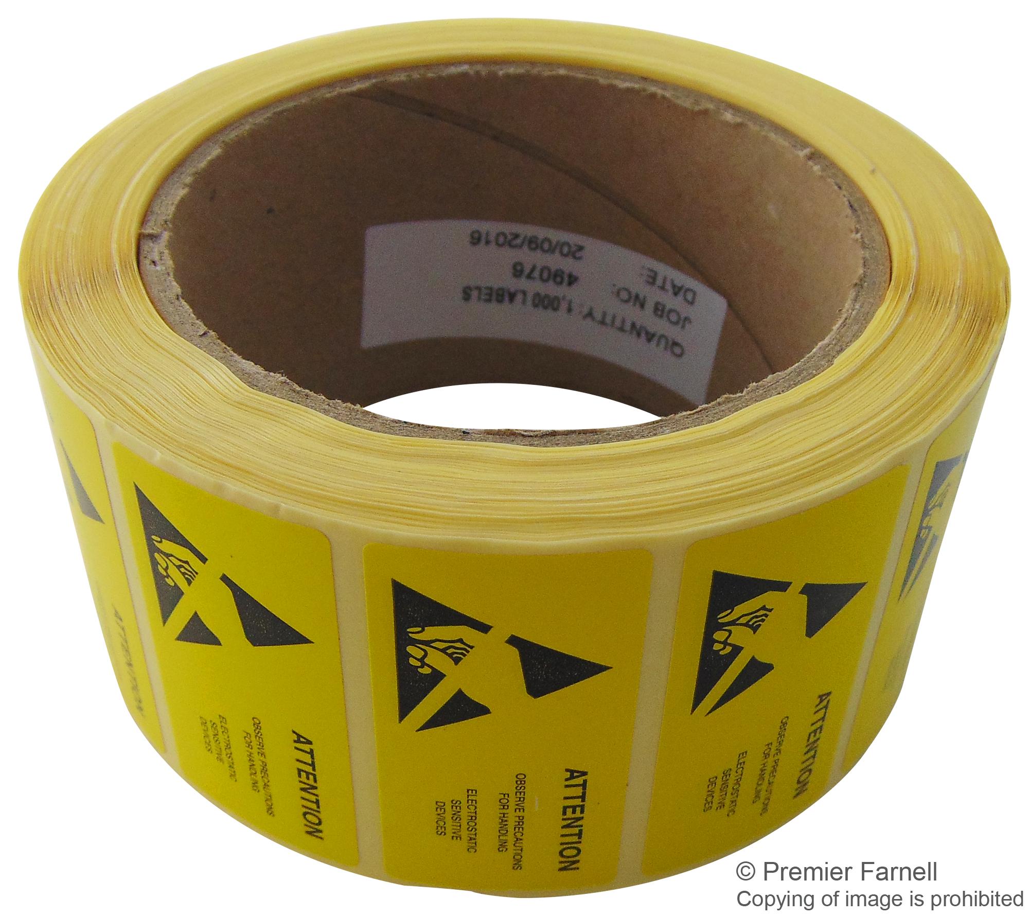 055-0002 LABELS, ESD WARNING, YELLOW, 50MM, 66M MULTICOMP