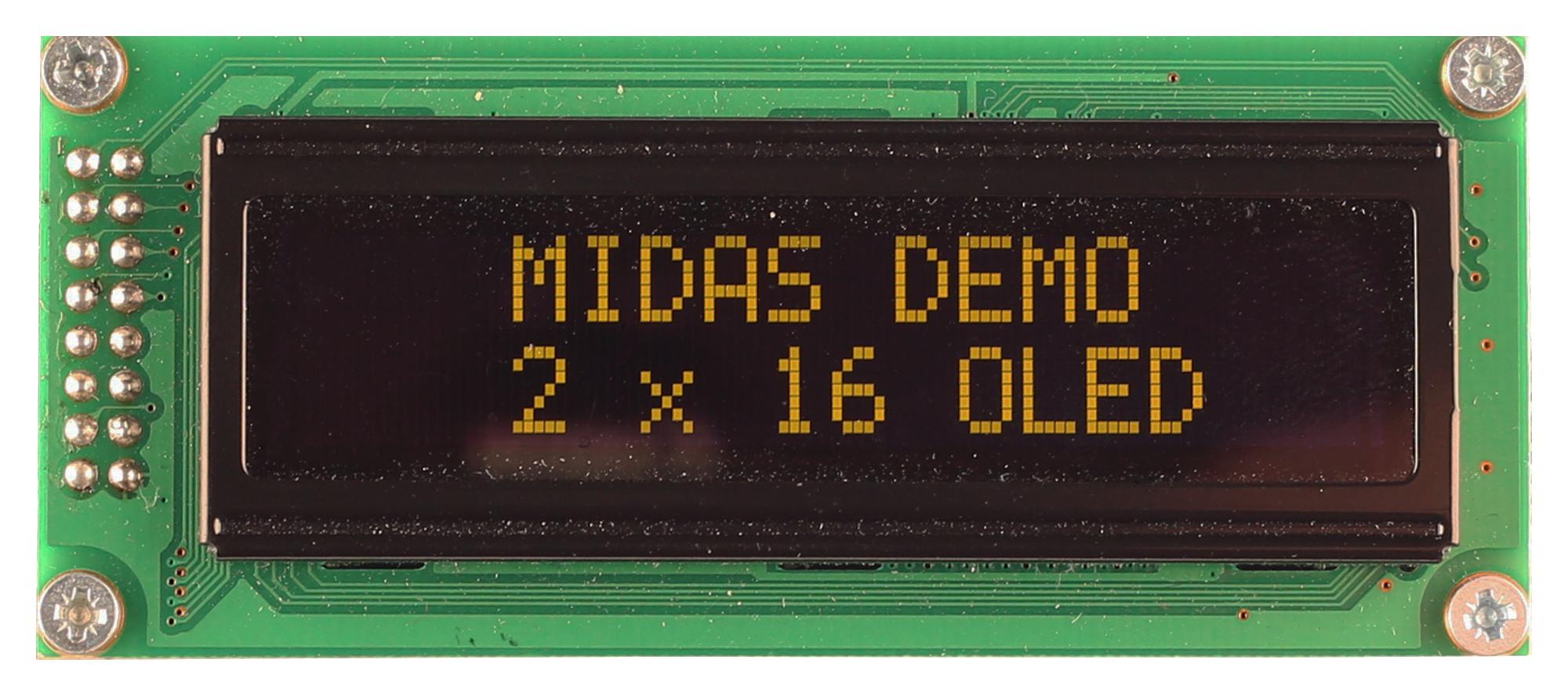 MCOB21605B1V-EYP OLED, 2X16, YELLOW/GREEN ON BLACK MIDAS