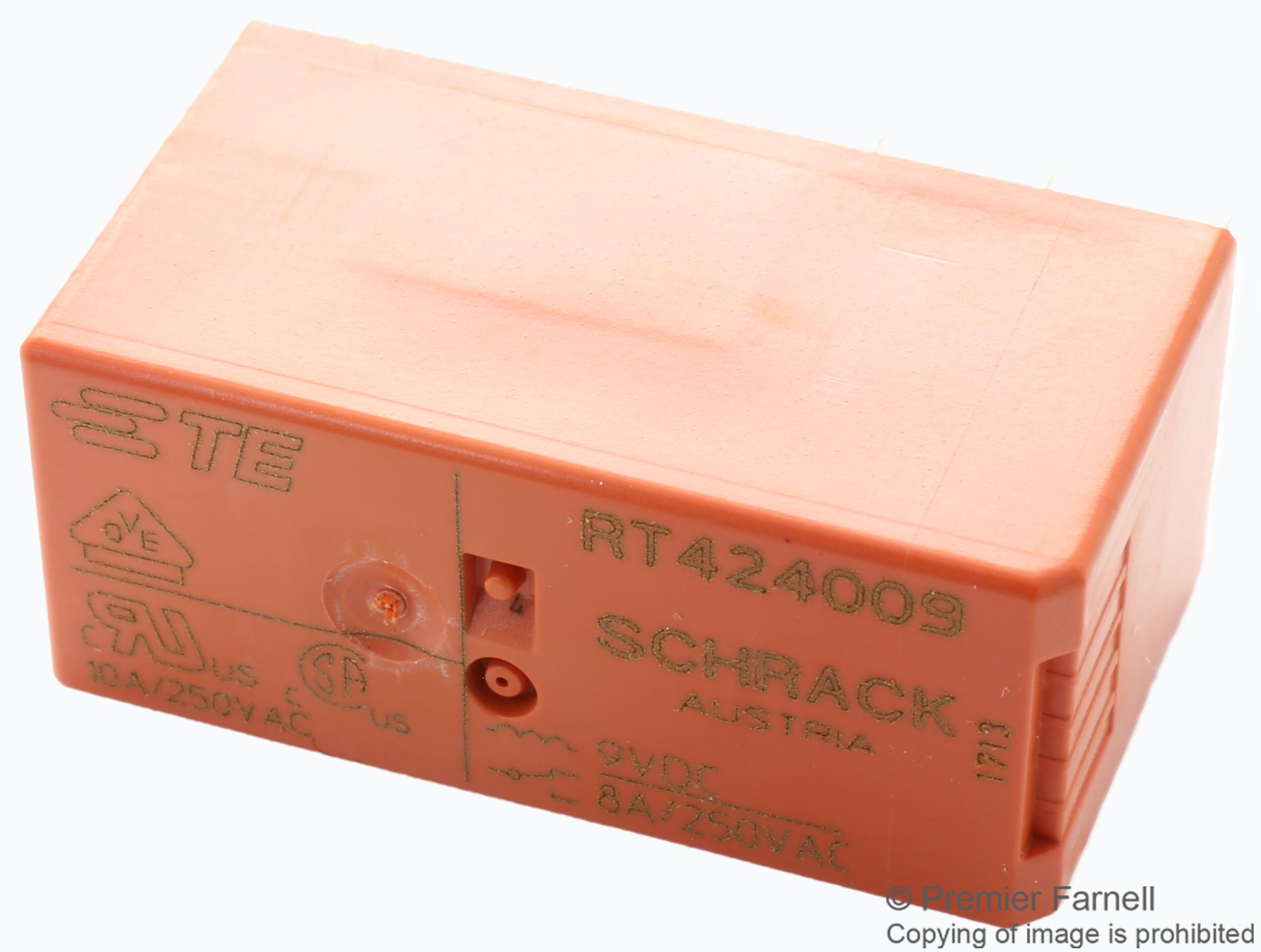 RT424009. POWER RELAY, DPDT, 8A, 250VAC, TH SCHRACK - TE CONNECTIVITY