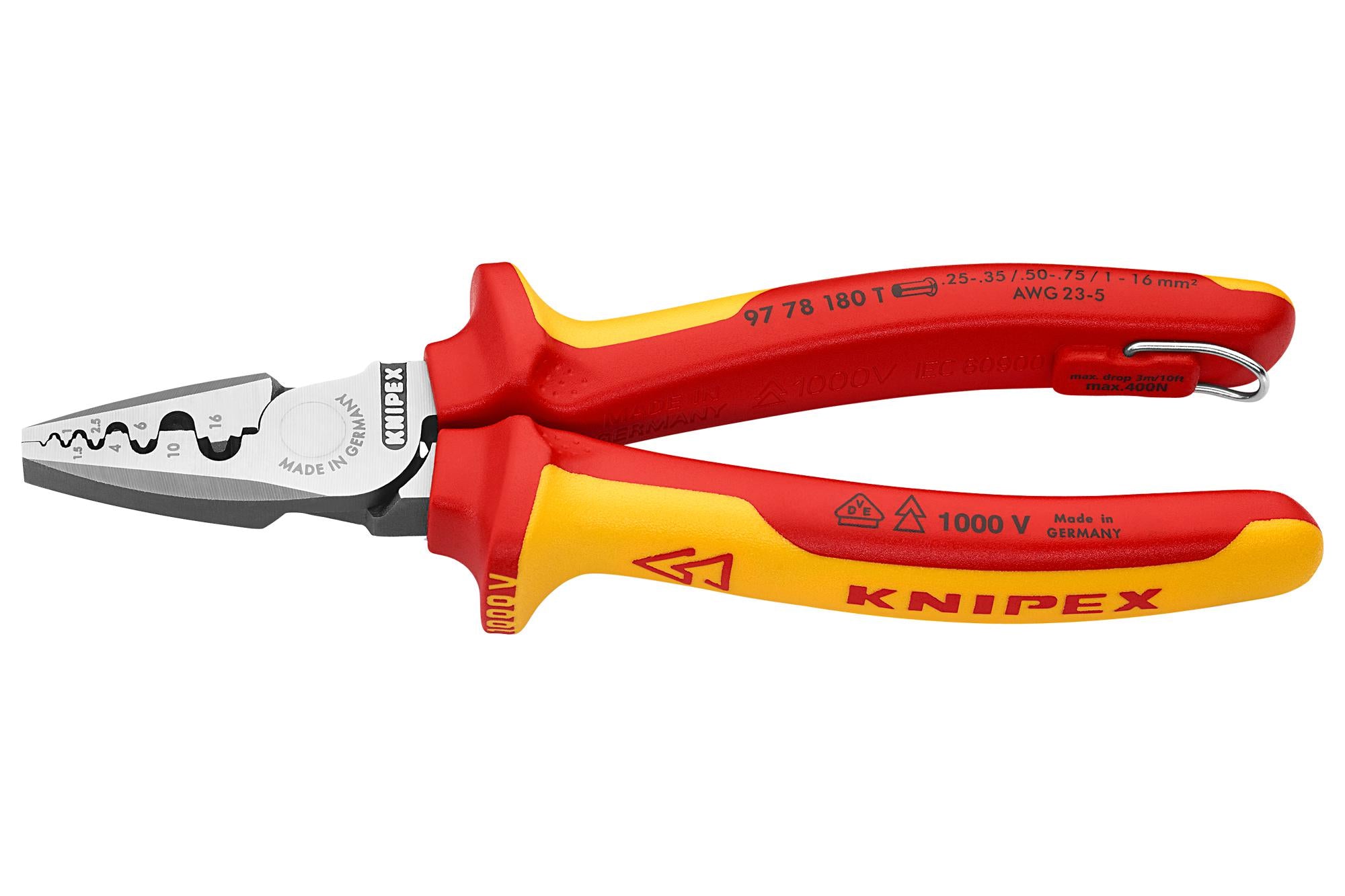97 78 180 T CRIMPING PLIER, HAND, 0.25-16MM2 SLEEVE KNIPEX