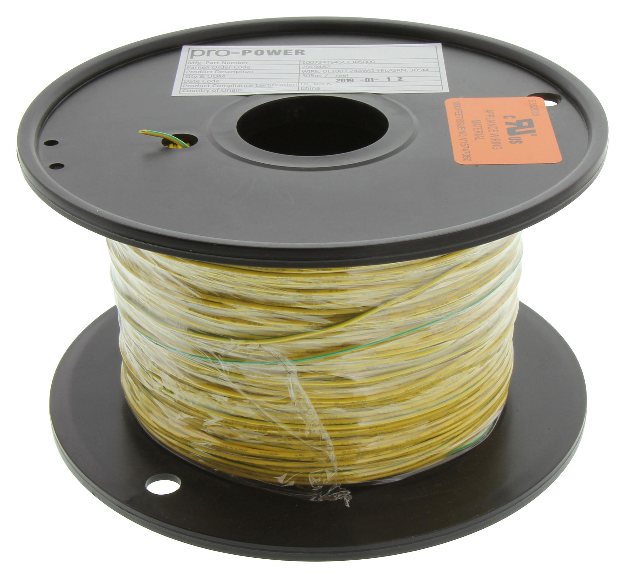PP002323 HOOK-UP WIRE, 24AWG, YEL/GRN, 305M, 300V PRO POWER