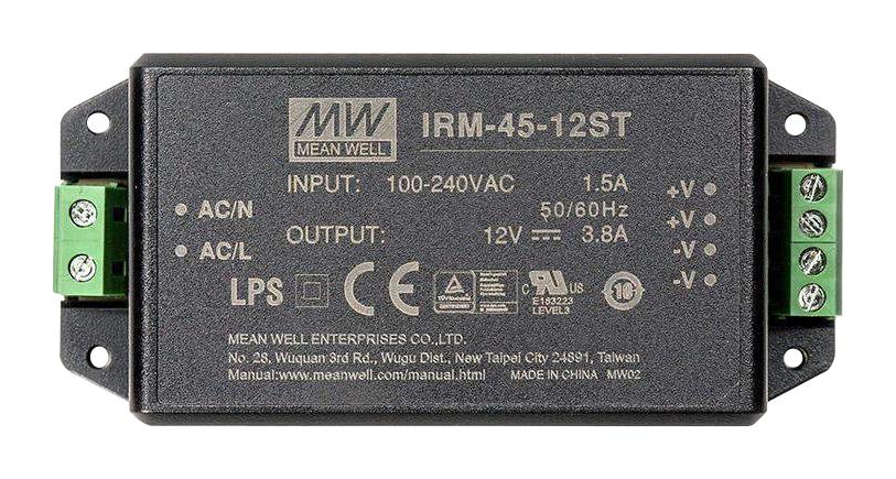 IRM-45-12ST POWER SUPPLY, AC-DC, 12V, 3.8A MEAN WELL