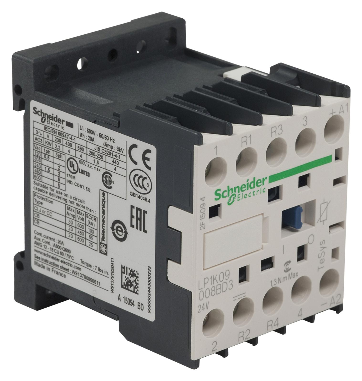 LP1K09008BD3 CONTACTOR, DPST-NO/NC, 24VDC, DIN RAIL SCHNEIDER ELECTRIC