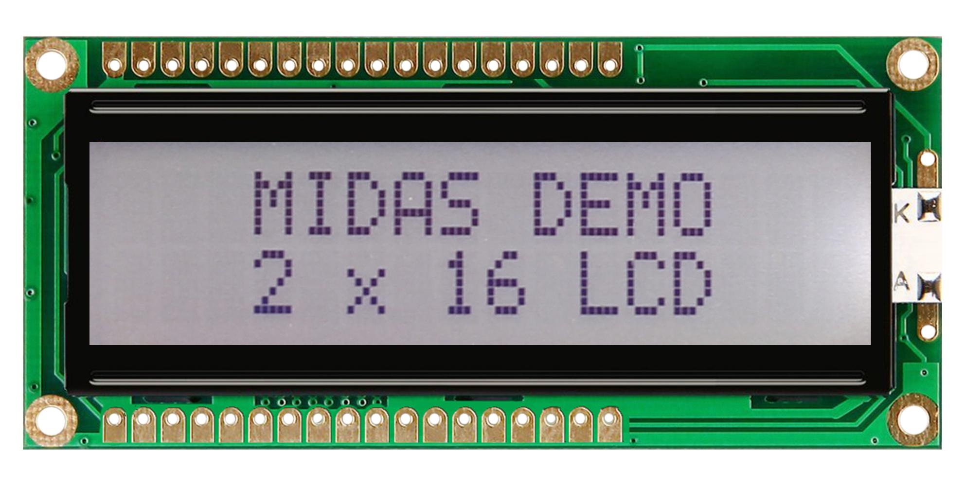 MC21605G6W-FPTLW3.3-V2 LCD DISPLAY, COB, 16 X 2, FSTN, 3.3V MIDAS
