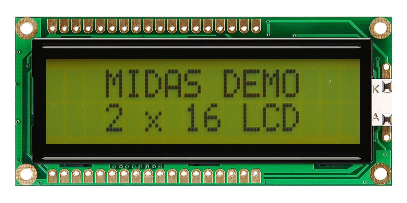 MC21605G6W-SPTLY3.3-V2 LCD DISPLAY, COB, 16 X 2, STN, 3.3V MIDAS