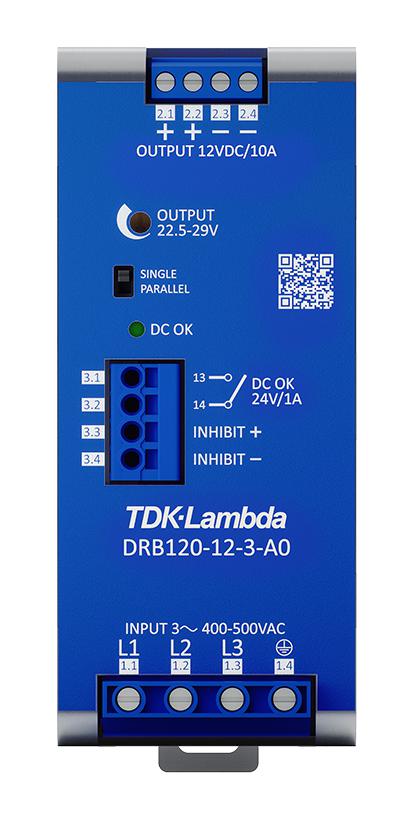 DRB120-12-3-A0 POWER SUPPLY, AC-DC, 12V, 10A TDK-LAMBDA