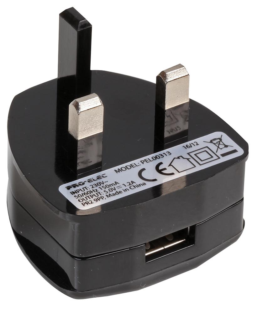 PEL00313 USB CHARGER, 5V 1.2A BLACK PRO ELEC
