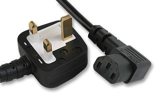 X-285638A - Mains Power Cord, With Fuse, Mains Plug, UK to 90° IEC 60320 C13, 2 m, 13 A, 250 VAC, Black - VOLEX