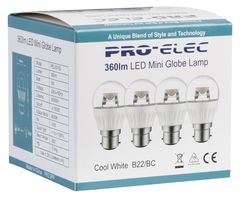PEL00152 - LED Light Bulb, Clear Globe, BC / B22 / B22d / BA22 / BA22d, Cool White, 4000 K, Not Dimmable - PRO ELEC