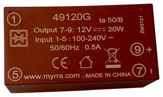 49120G - AC/DC PCB Mount Power Supply (PSU), ITE, Household & Transformers, 1 Output, 20 W, 12 VDC - MYRRA