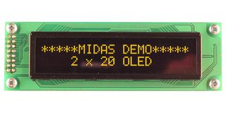 MCOB22005A1V-EYS - Alphanumeric OLED, 20 x 2, Yellow on Black, 5V, SPI, English, Euro, Japanese, 5.55 mm - MIDAS
