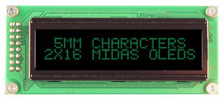 MCOB21605B1V-EGP Display, Oled, Cob, 16x2, Green On Black Midas