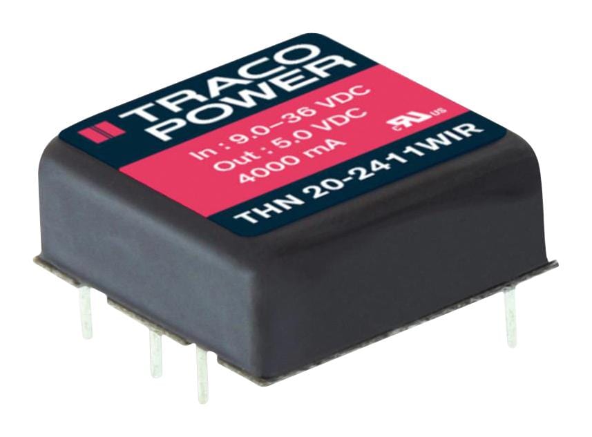 TRACO POWER Isolated Board Mount THN 20-2411WIR DC-DC CONVERTER, 5.1V, 4A TRACO POWER 3649989 THN 20-2411WIR