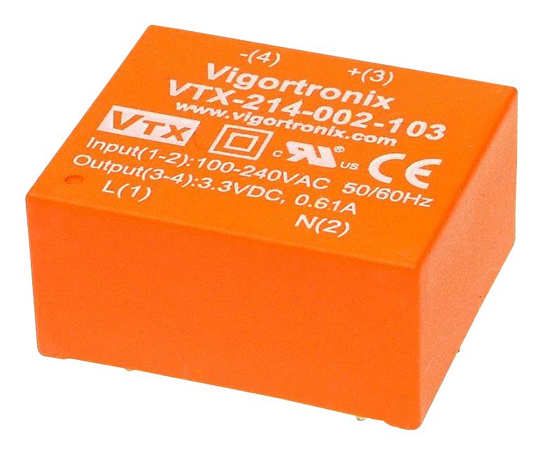 VIGORTRONIX PCB Mount - Single Ouput VTX-214-002-103 POWER SUPPLY, AC-DC, 3.3V, 0.6A VIGORTRONIX 2517749 VTX-214-002-103
