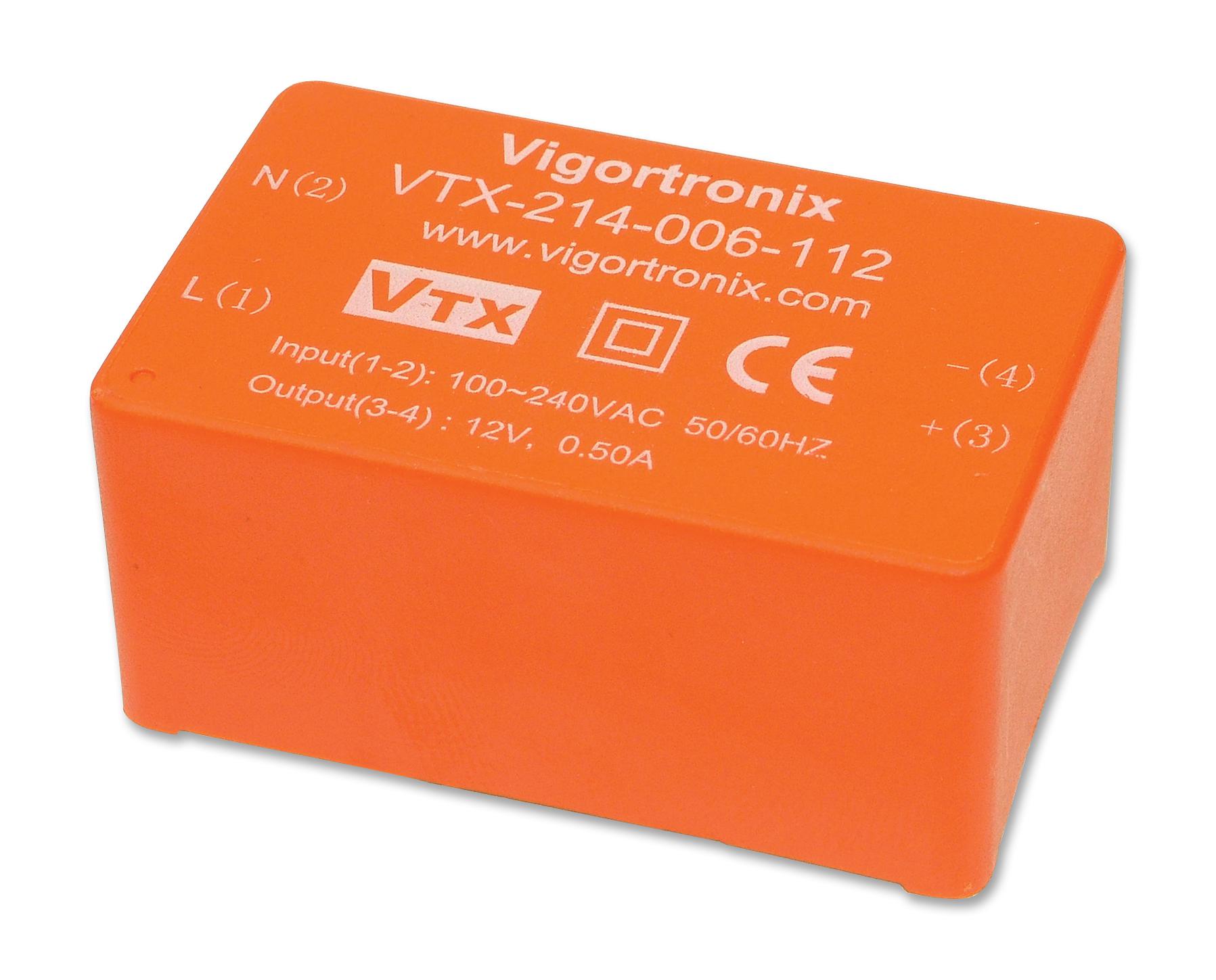 VIGORTRONIX PCB Mount - Single Ouput VTX-214-006-106 POWER SUPPLY, AC-DC, 6V, 1A VIGORTRONIX 2464675 VTX-214-006-106